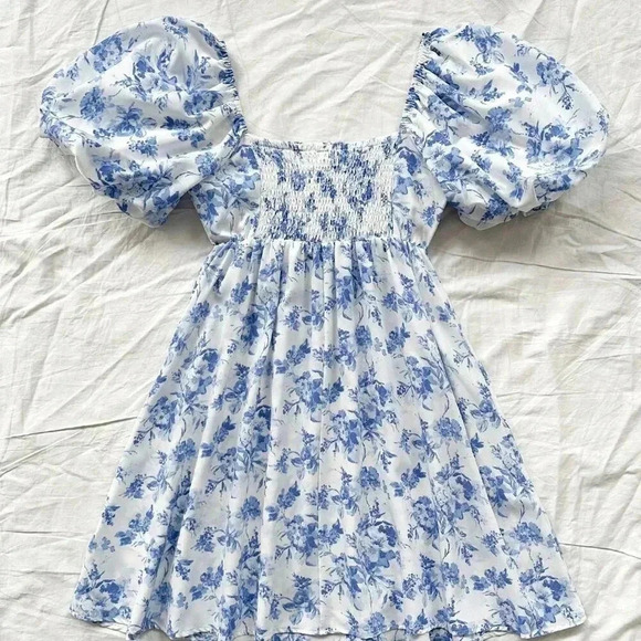 Blue and White Boho Women's Holiday U-Neck Bubble Sleeve A-Line Floral Dress - Picture 2 of 5